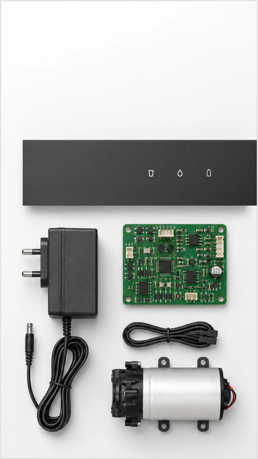 Native M3 electrical parts: adapter, circuit board, cable and pump.