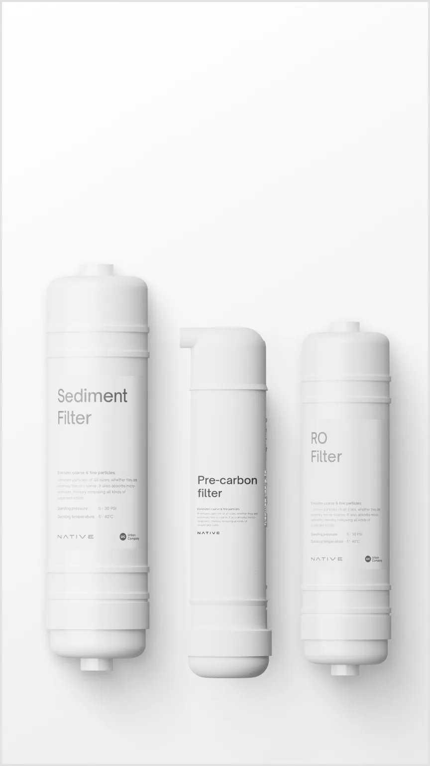 The Native M3 sediment, pre-carbon and RO filters laid side by side.