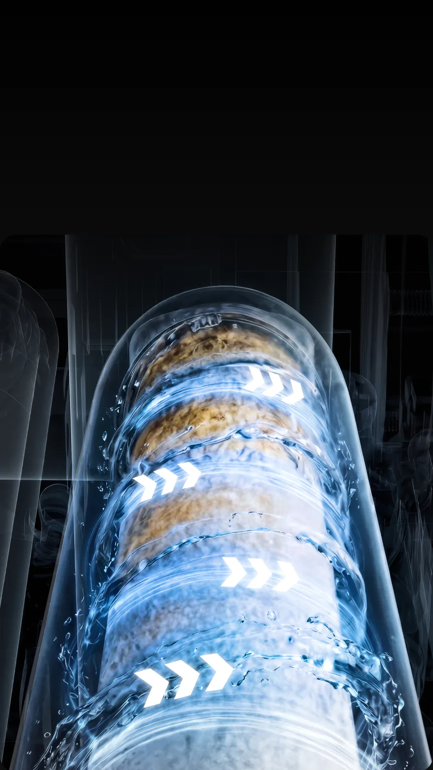 Water rushing through a filter cartridge during a Smart Rinse™ cycle.