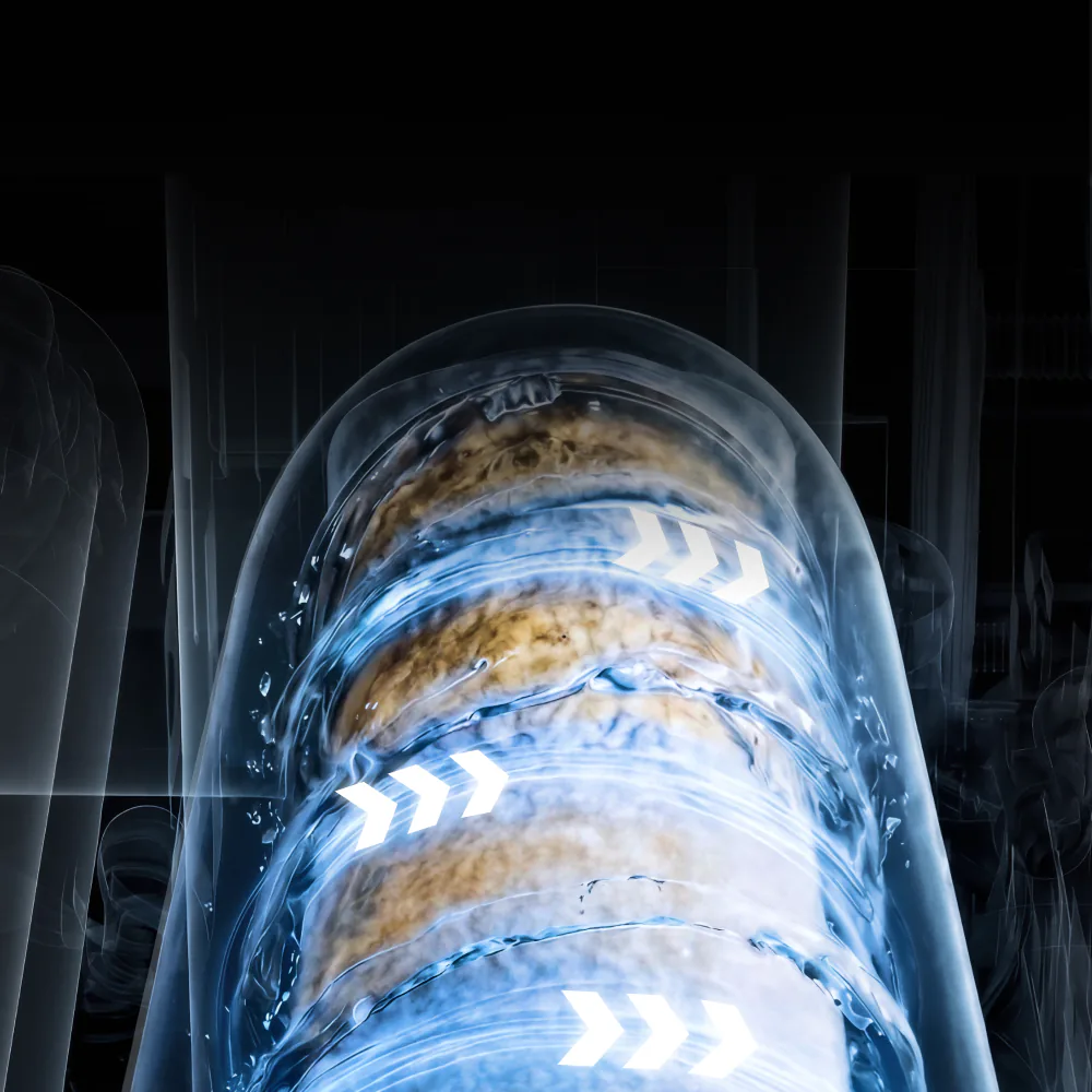 Illustration of water flushing through the filter cartridge during a Smart Rinse™ cycle.
