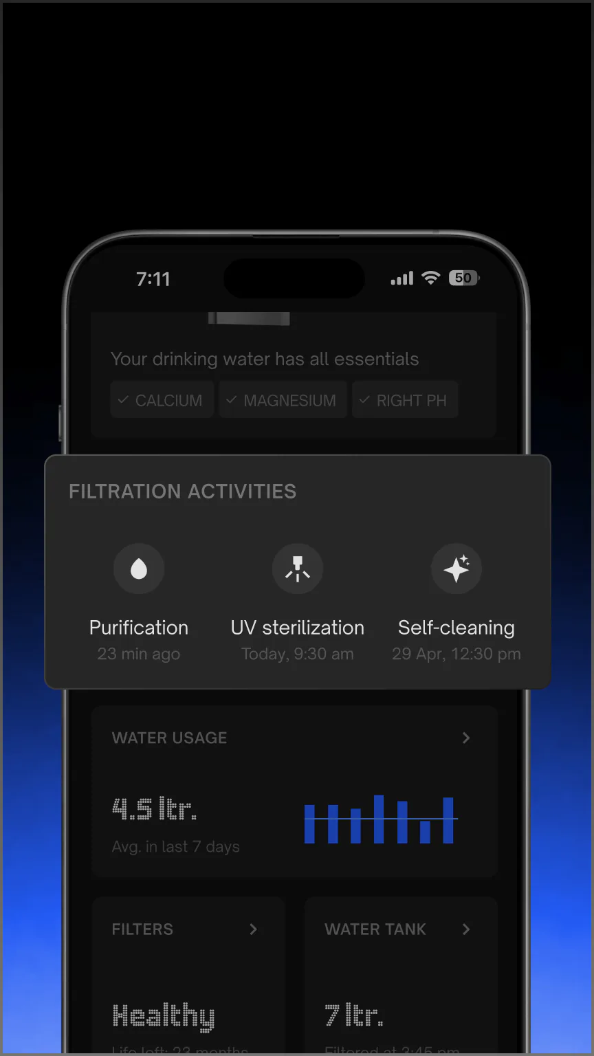 UC app screen showing Native M3 filtration activity: purification, UV sterilisation and self-cleaning.