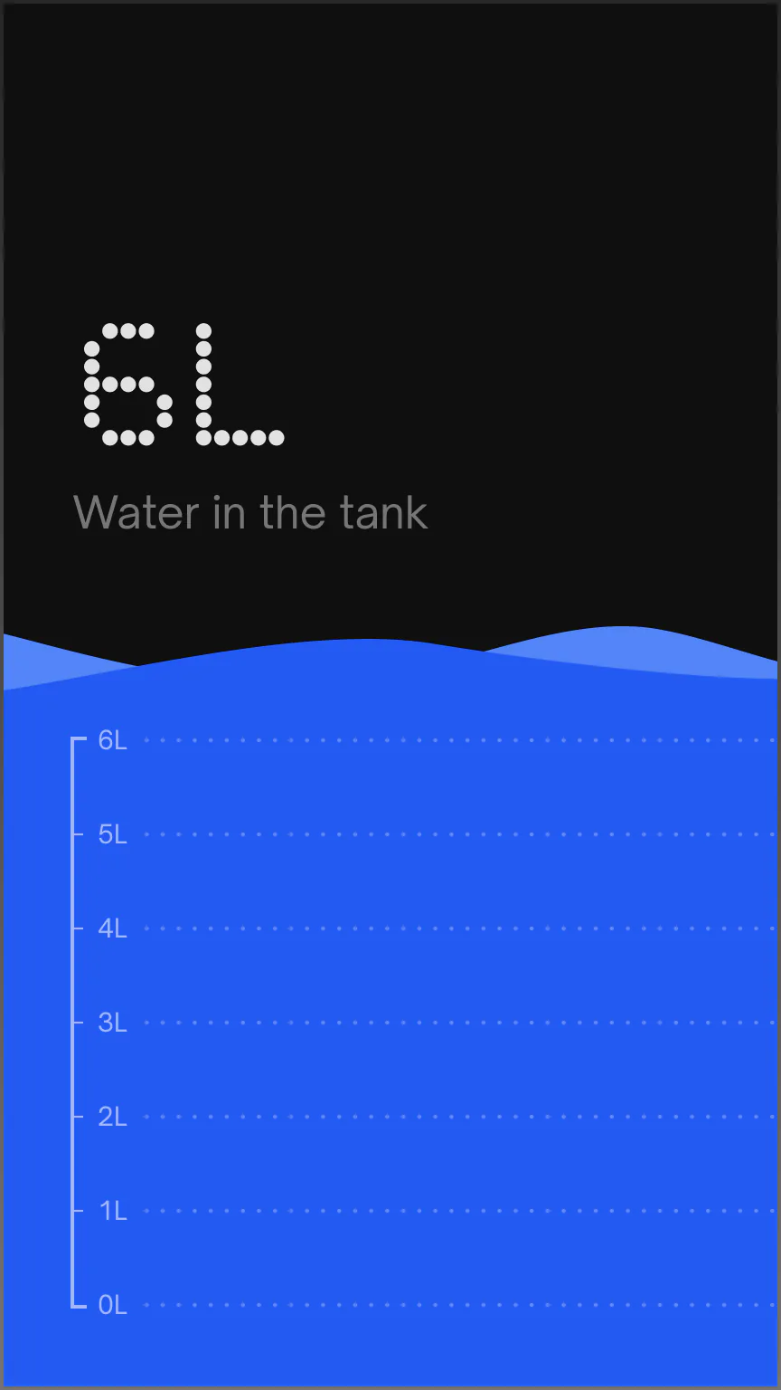 UC app screen showing 6 L of water in the Native M3 tank.