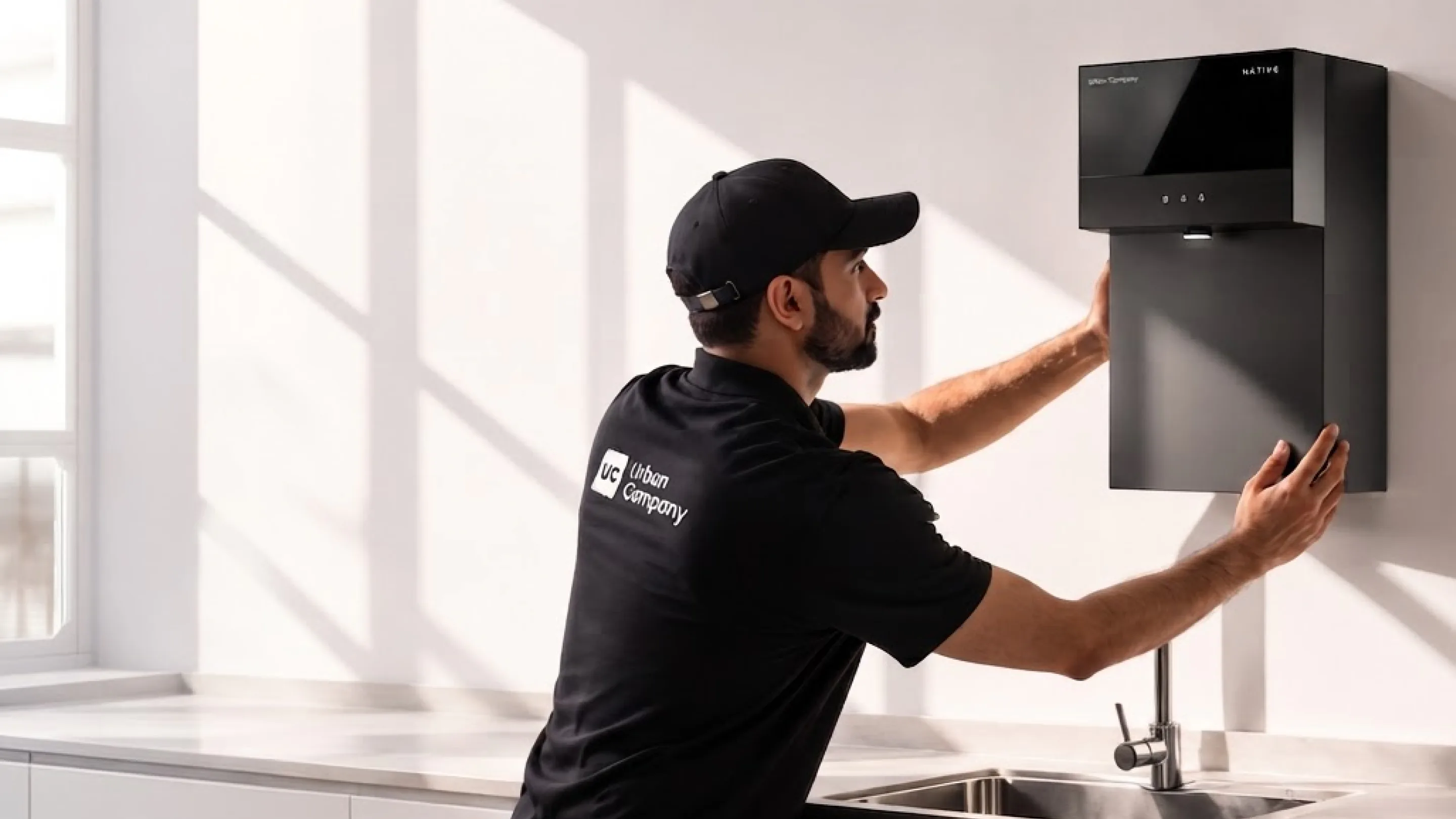 An Urban Company technician installing a Native M3 on a kitchen wall.