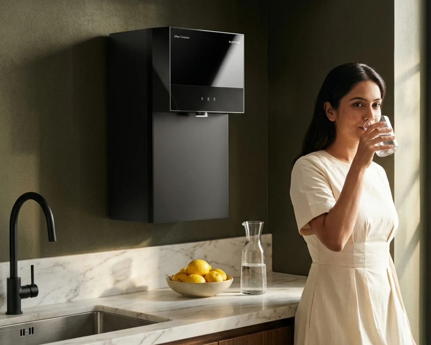 A woman drinking a glass of water in her kitchen beside a wall-mounted Native M3.