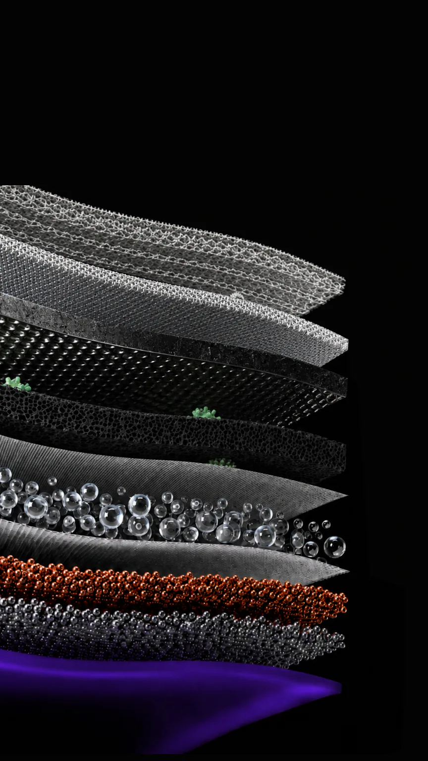 Exploded stack of the Native M3 Pro's filter layers, from fine mesh to carbon and mineral beads, lit violet from below.