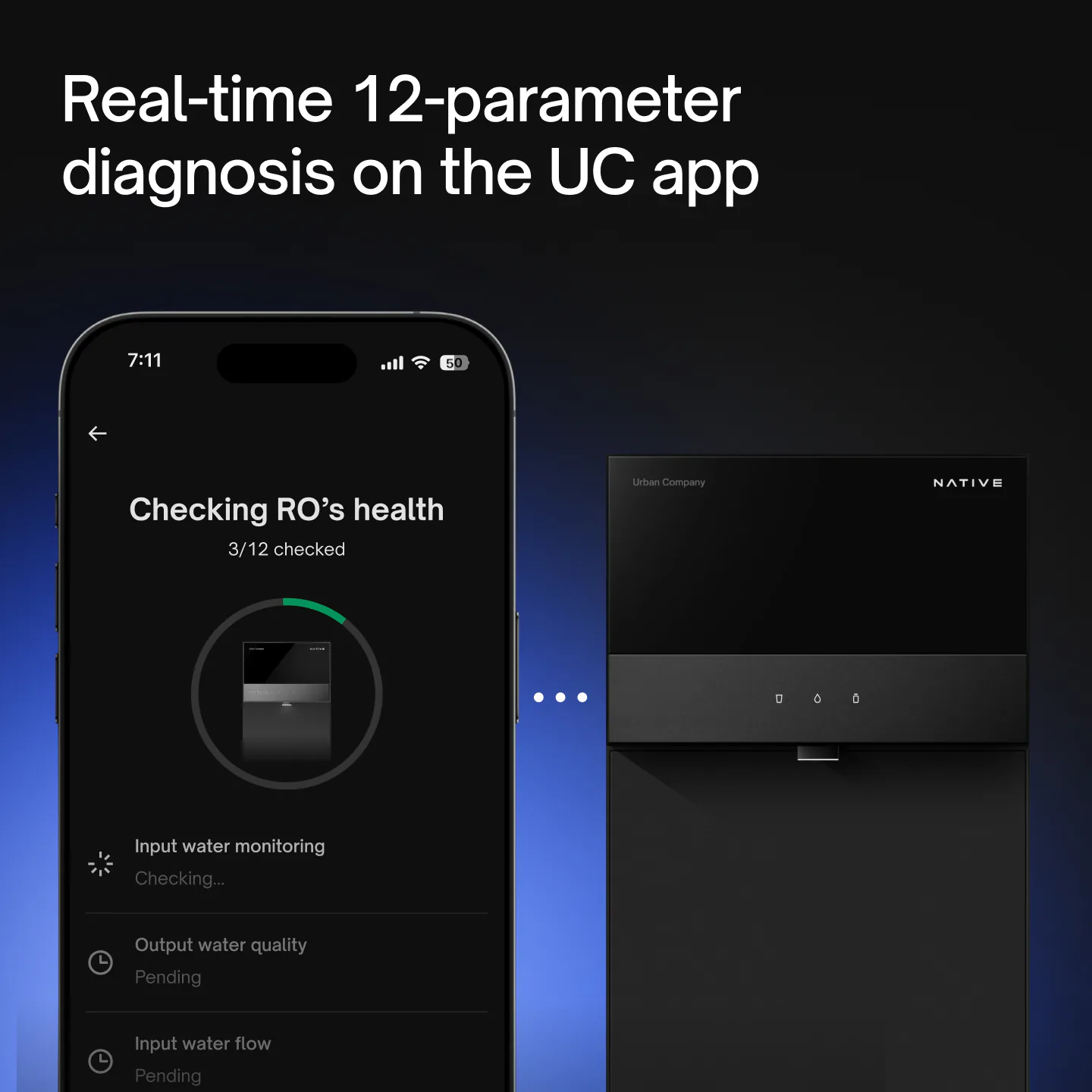 Phone running a real-time 12-parameter diagnosis of Native M3 Pro in the UC app — “Checking RO’s health, 3/12 checked” — next to the purifier.