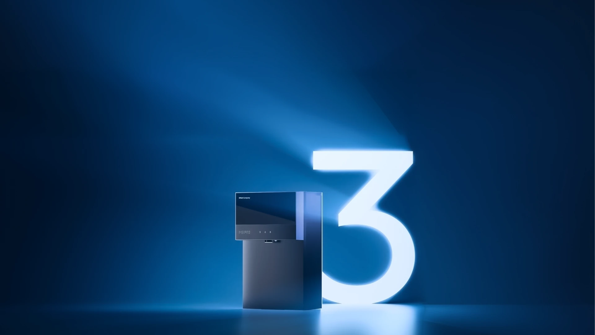 Native M3 Pro RO water purifier standing beside a large glowing number 3 in blue light, for its 3-year filter life and 3-year unconditional warranty.