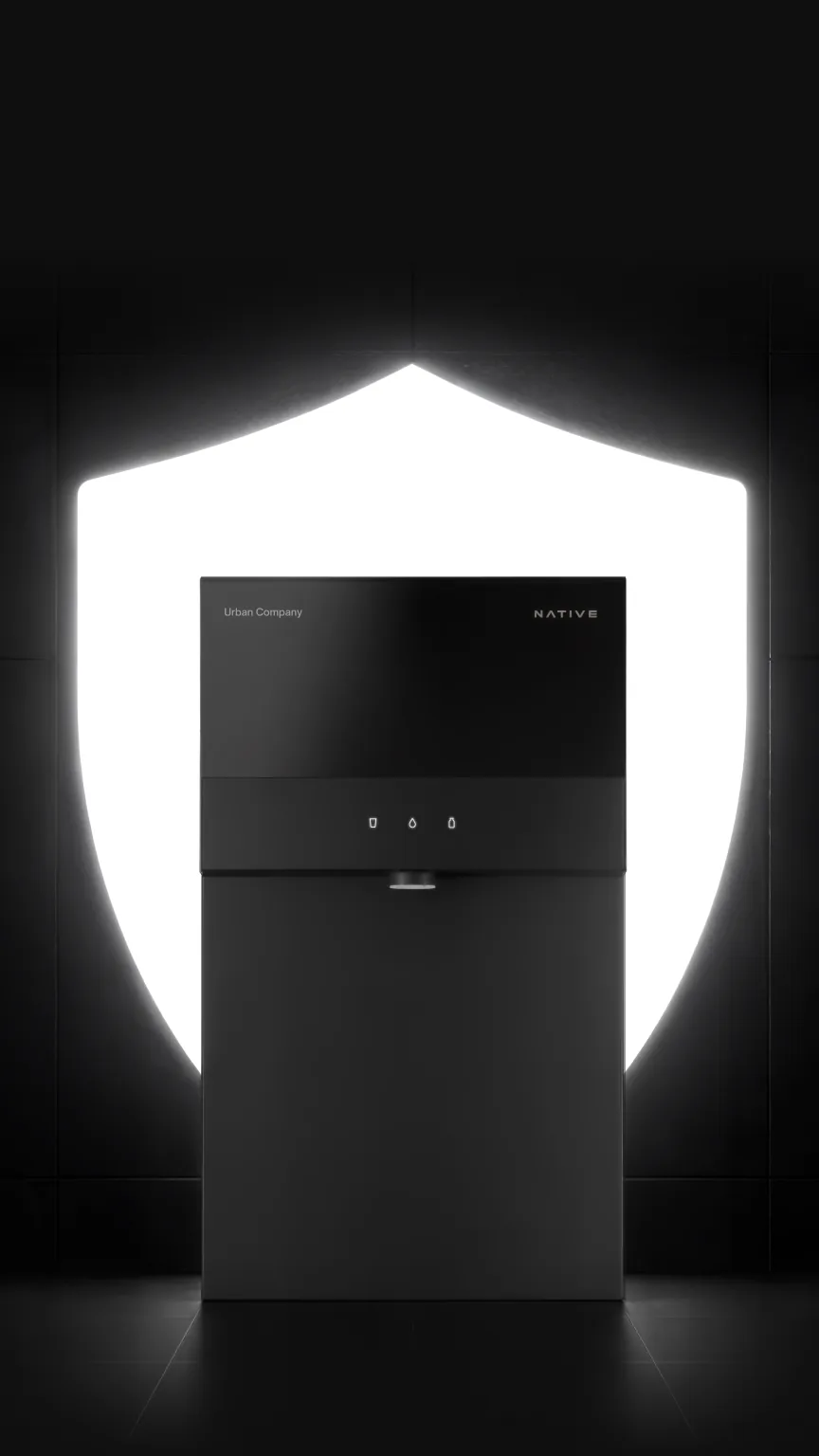 Native M3 Pro RO water purifier standing inside a glowing white shield on black, for its 3-year unconditional warranty.