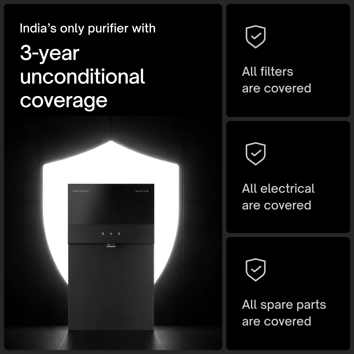 Native M3 Pro in front of a glowing shield: India’s only purifier with 3-year unconditional coverage — all filters, all electrical parts and all spare parts covered.