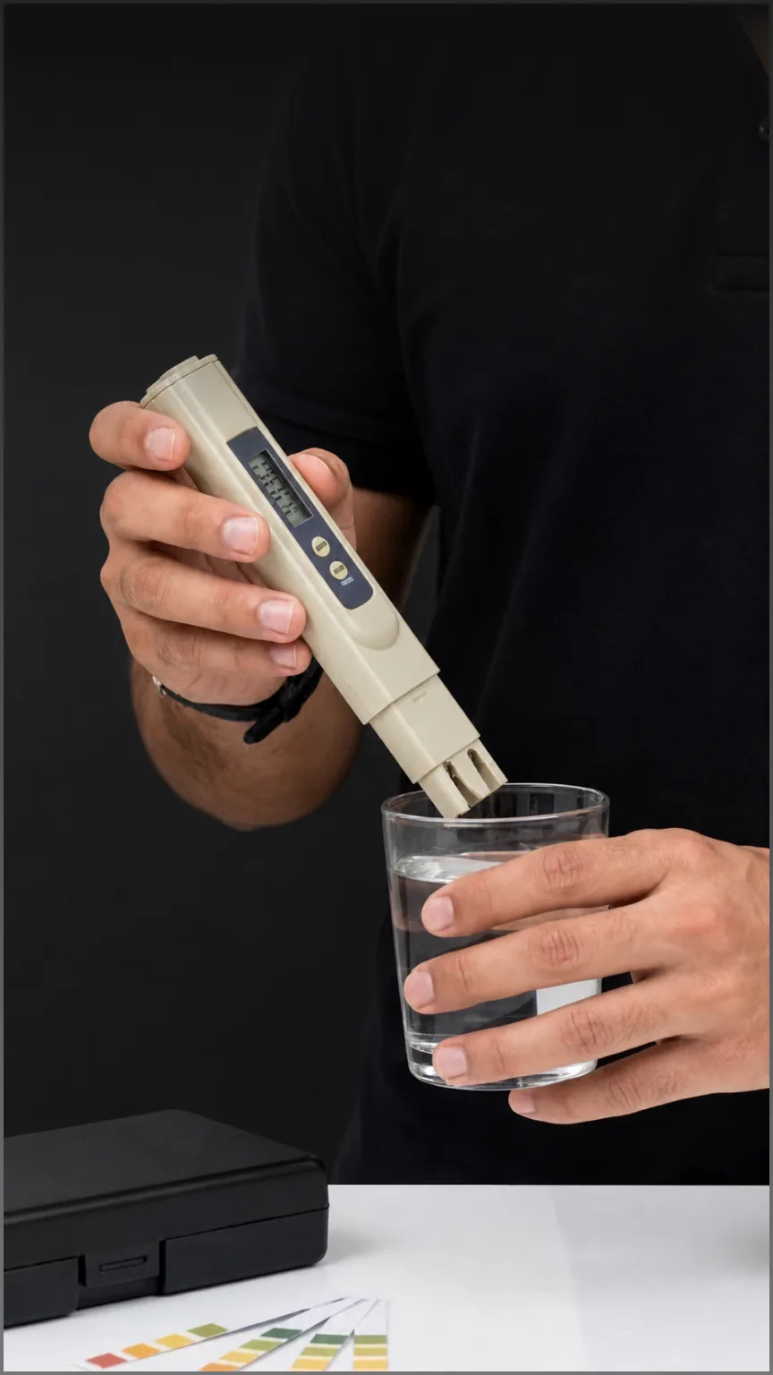 Hand dipping a TDS meter into a glass of water from the Native M3 Pro.