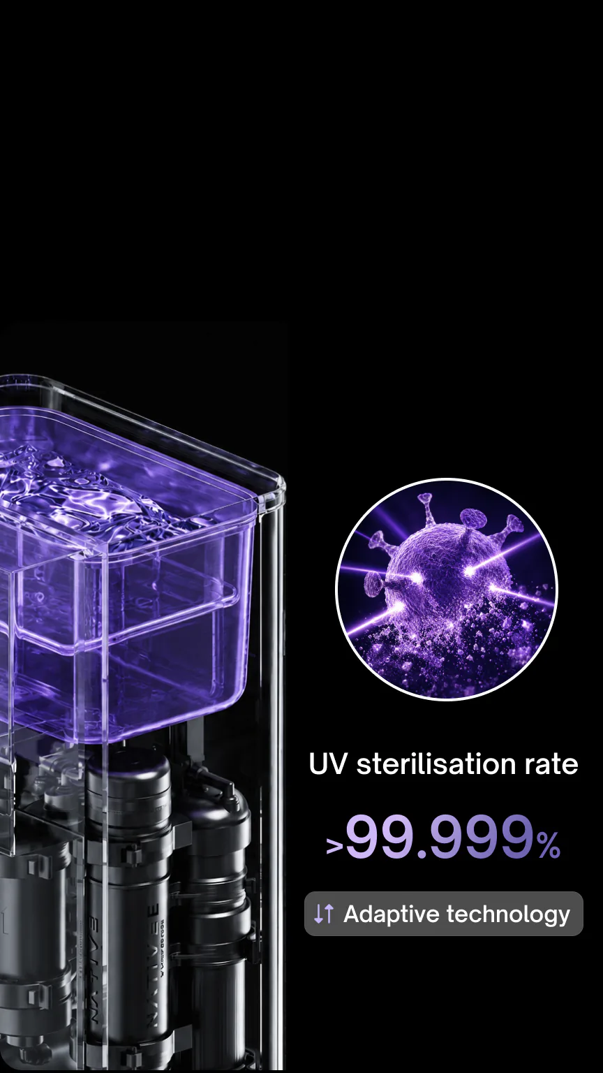 Native M3 Pro tank glowing violet under UV light beside a virus graphic, with a UV sterilisation rate above 99.999%.