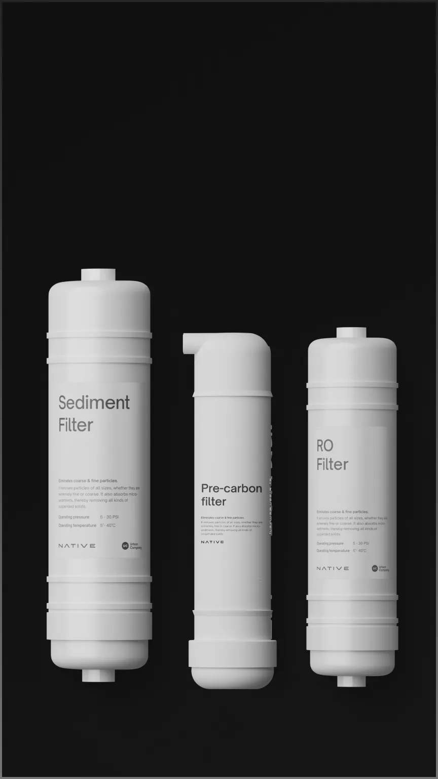 The three Native M3 Pro filter cartridges: sediment, pre-carbon and RO.