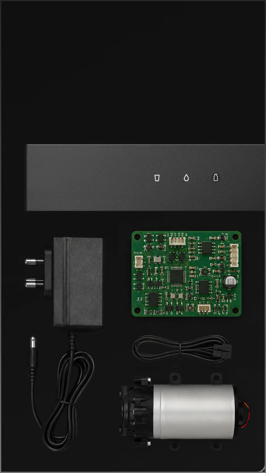 Native M3 Pro electrical parts laid out: control panel, power adapter, circuit board, cables and pump.
