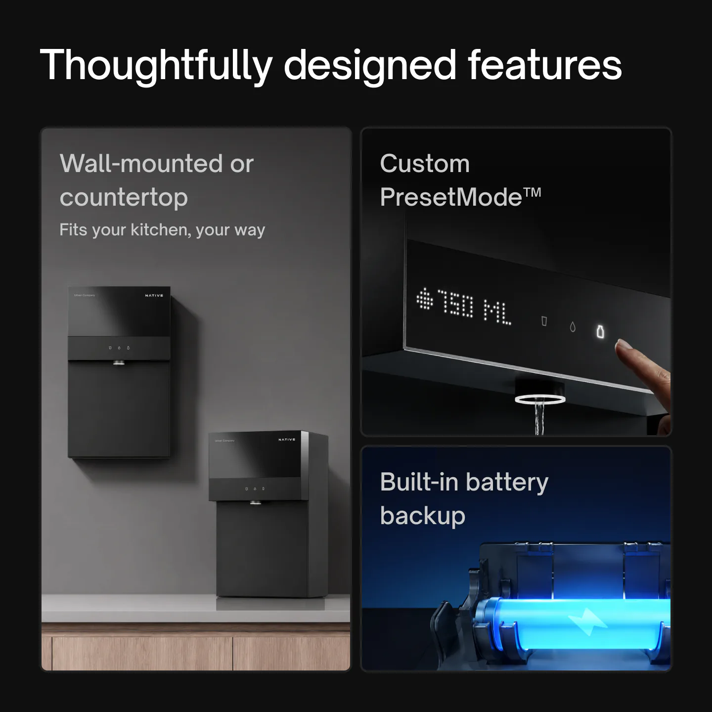 Native M3 Pro design features: wall-mounted or countertop installation, custom PresetMode™ dispensing set to 750 ml, and built-in battery backup.