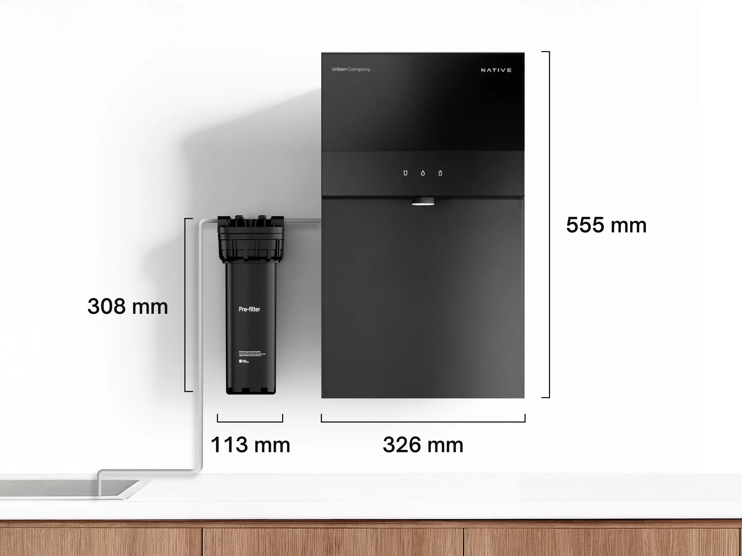 Native M3 Pro dimension drawing: 326 mm wide and 555 mm tall, beside a 113 mm wide, 308 mm tall pre-filter.