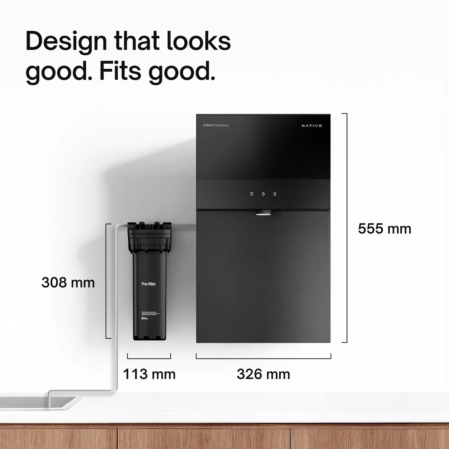 Native M3 Pro dimensions: purifier 326 mm wide and 555 mm tall; separate inlet filter 113 mm wide and 308 mm tall.