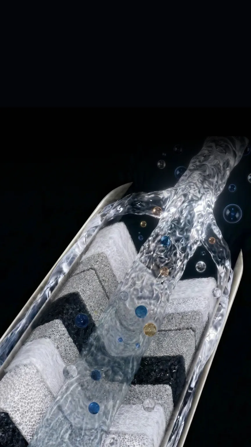 DualFlow™ Mineraliser in the Native M3 Pro: purified water flows over a cartridge of mineral granules that adds balanced minerals.