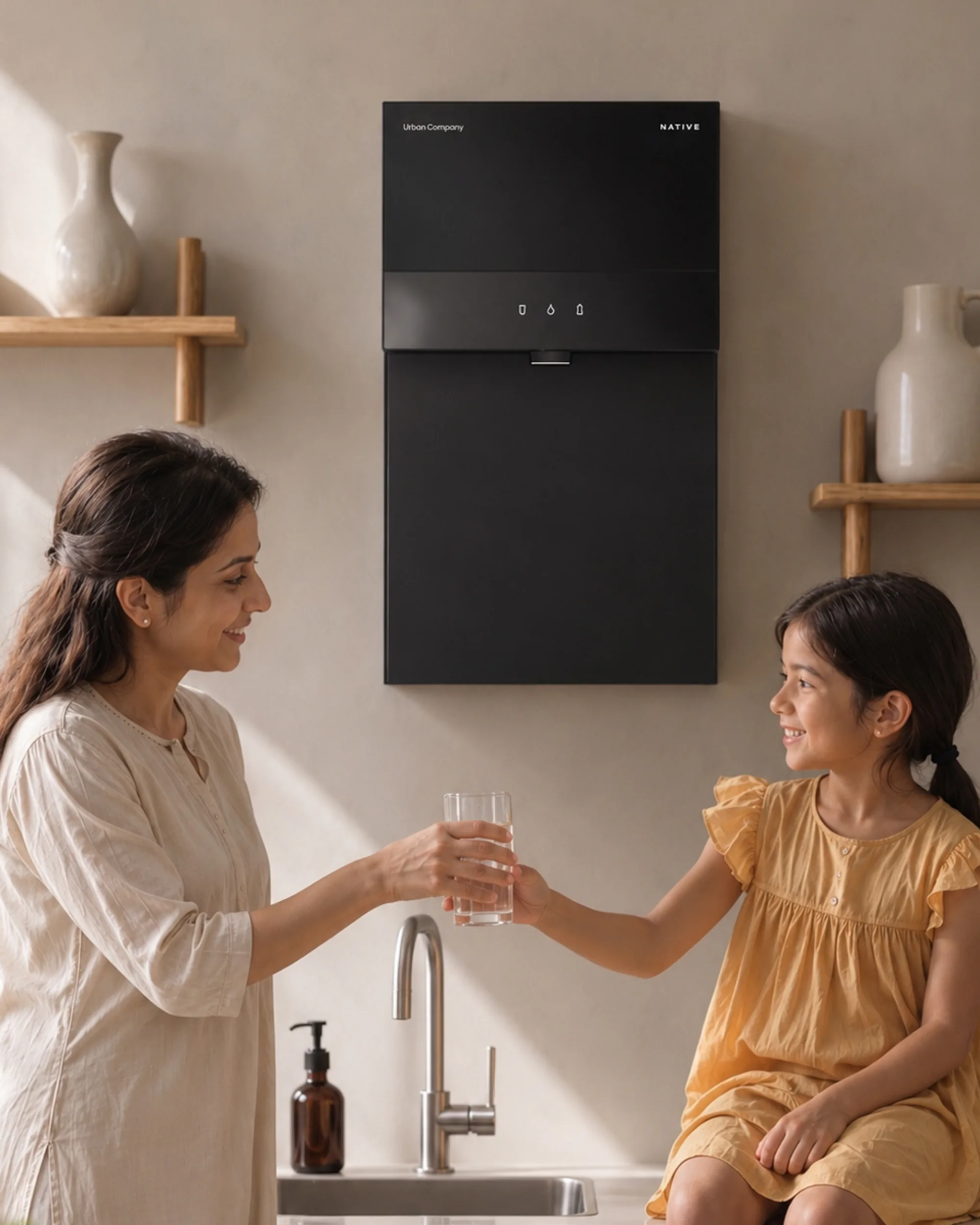 Mother handing her daughter a glass of water in a warm kitchen, a Native M3 Pro on the wall behind them.
