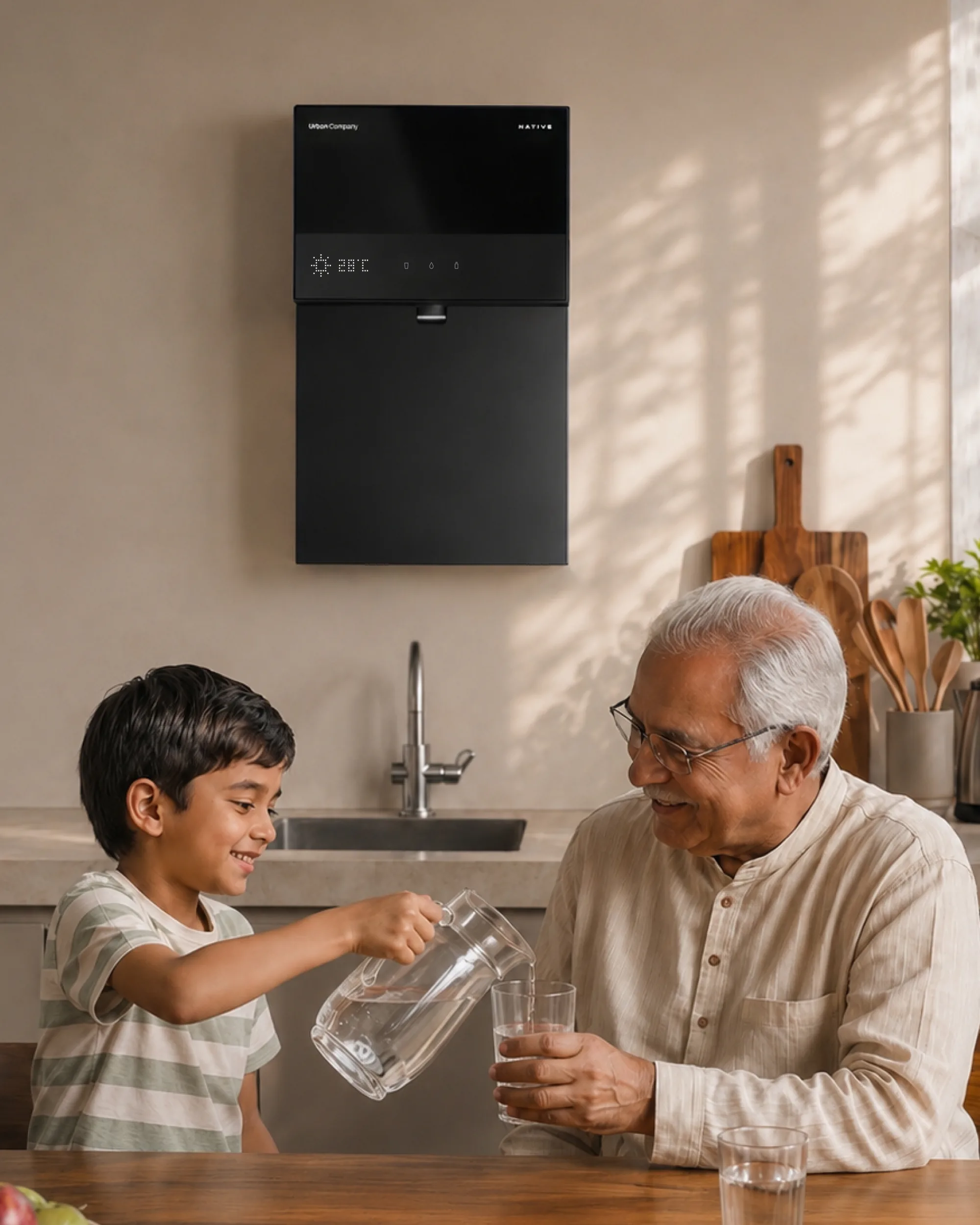 Boy pouring water for his grandfather at the kitchen table, a Native M3 Pro on the wall behind.