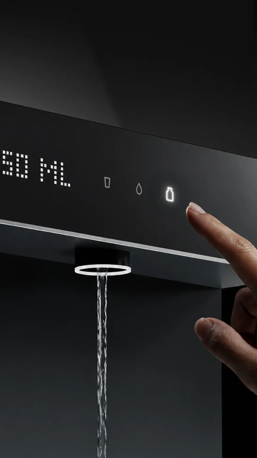 Finger on the Native M3 Pro's touch controls, the display reading 50 ML as a measured stream pours from the spout.