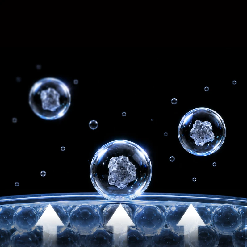 RO LifeBooster™ illustration: salt particles held in bubbles are pushed away from the RO membrane surface, shielding the Native M3 Pro RO from salt deposits.
