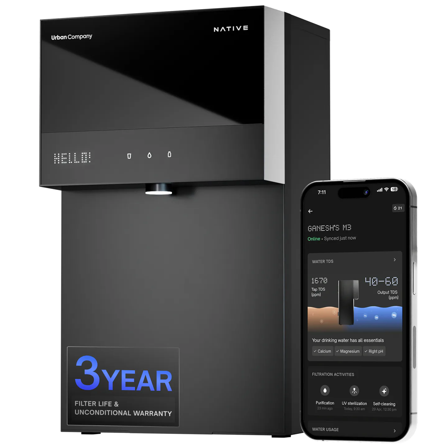 Native M3 Pro RO water purifier in matte black, its dot-matrix display reading “Hello!”, beside a phone showing tap TDS 1670 and output TDS 40–60 ppm in the UC app. Badge: 3-year filter life & unconditional warranty.