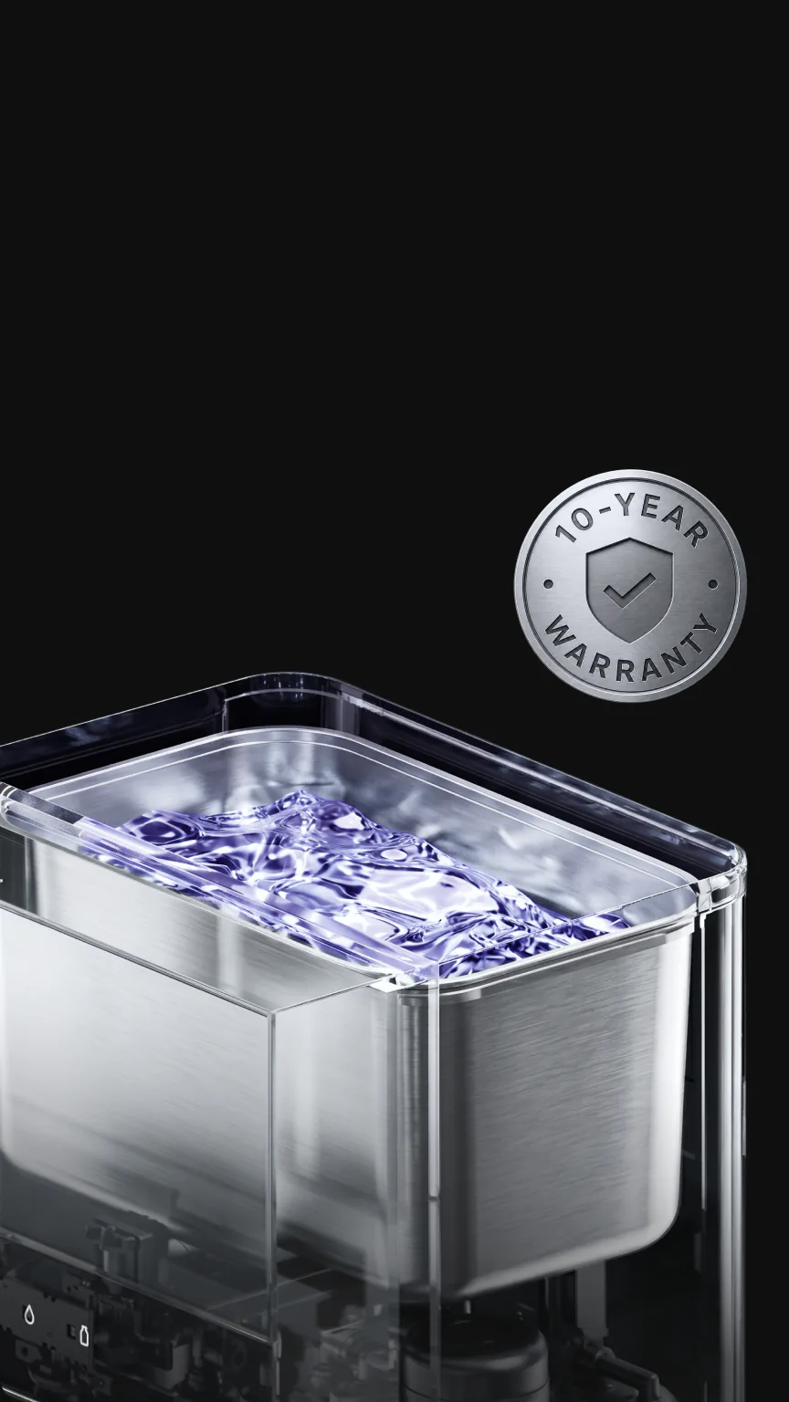 Stainless-steel tank of the Native M3 Pro with water inside and a 10-year warranty seal.