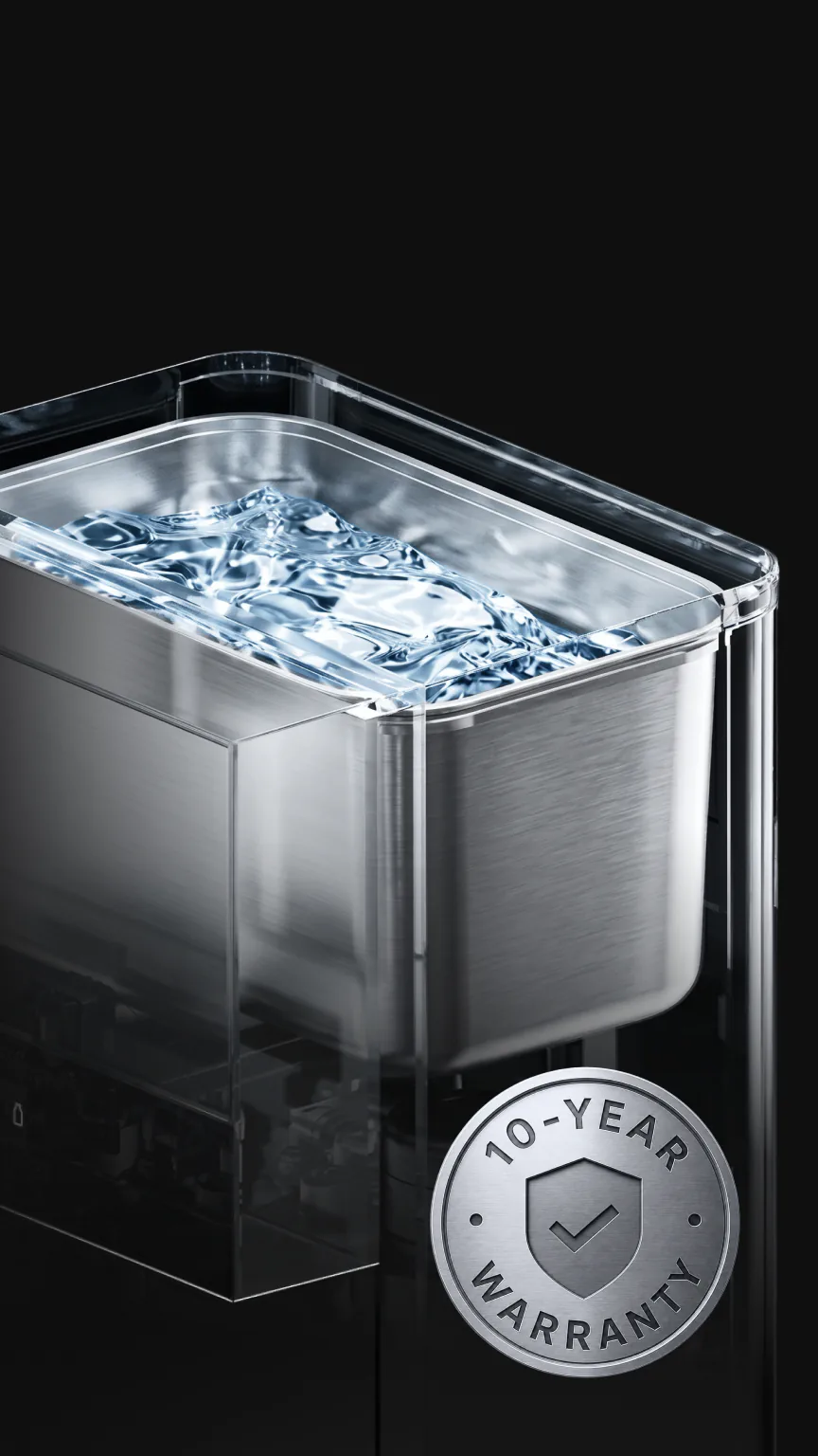 Stainless-steel storage tank of the Native M3 Pro filled with clean water, with a 10-year warranty seal.