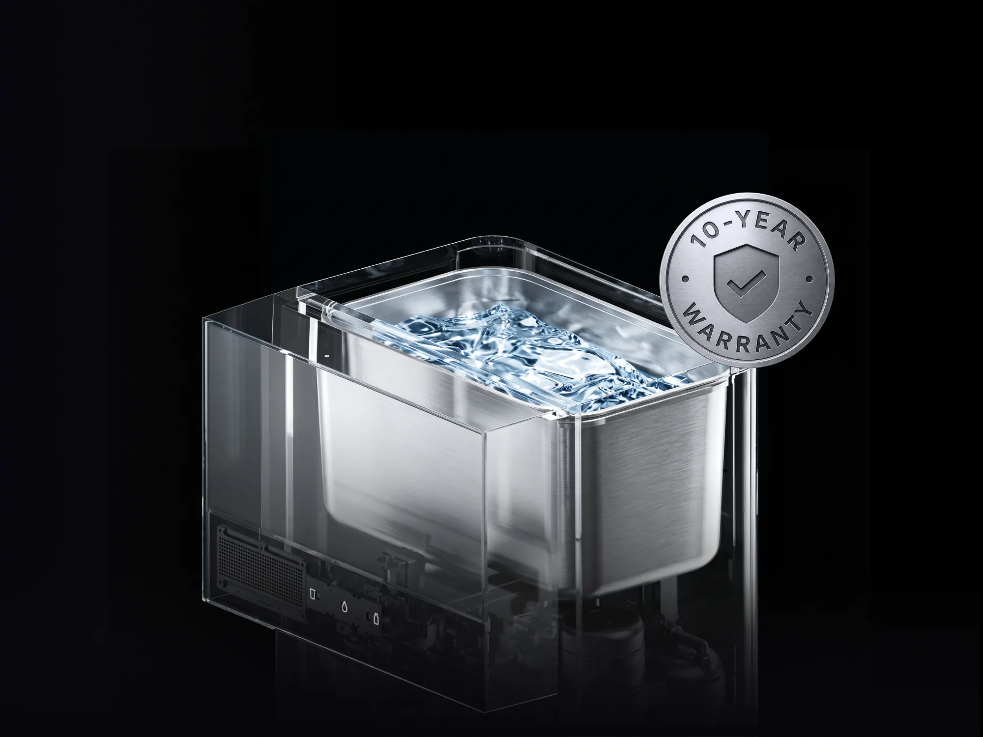 Clear view of the Native M3 Pro's stainless-steel tank full of water, with a 10-year warranty seal.