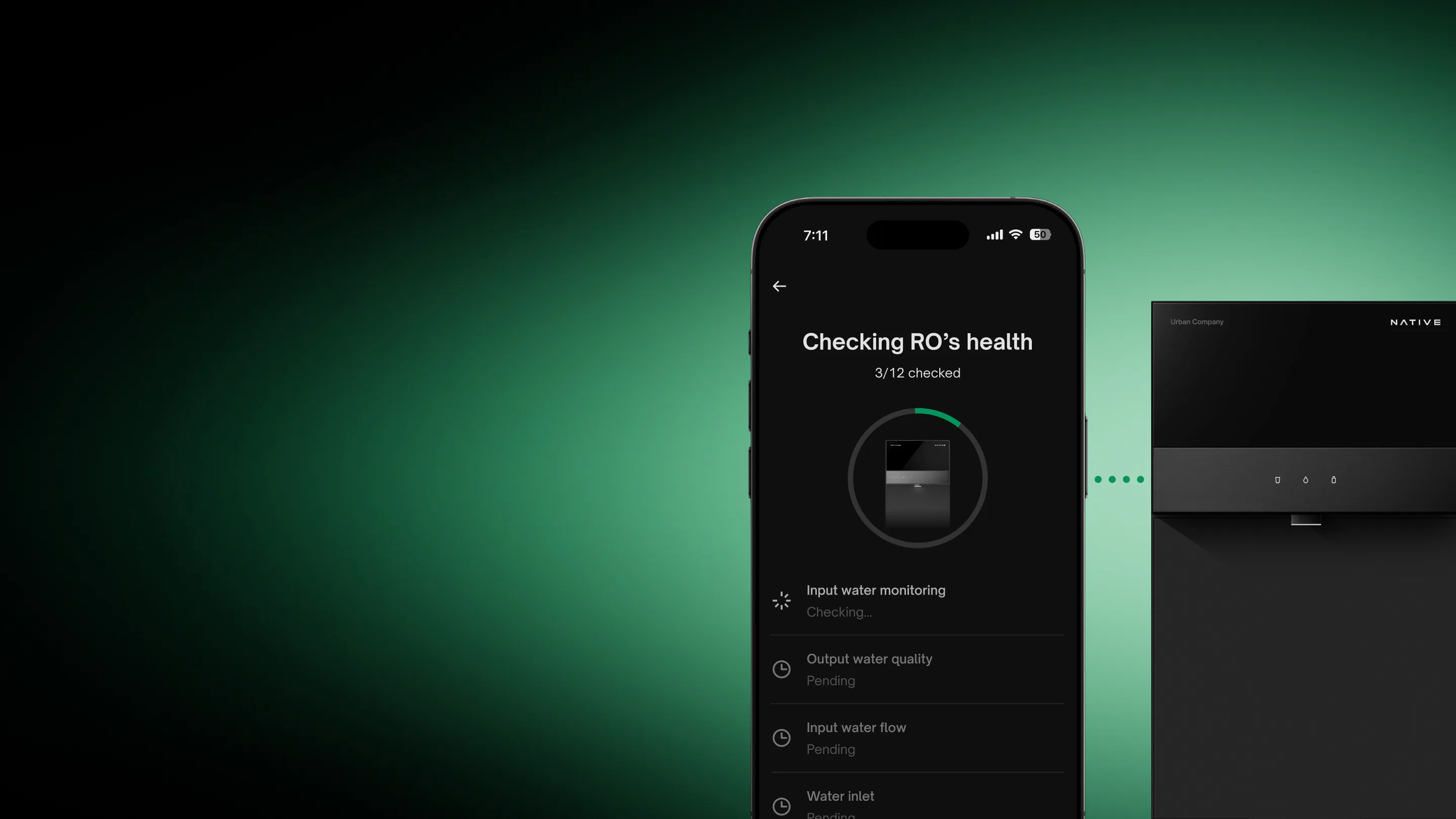 Phone running the UC app's RO health check beside a wall-mounted Native M3 Pro, in green light.