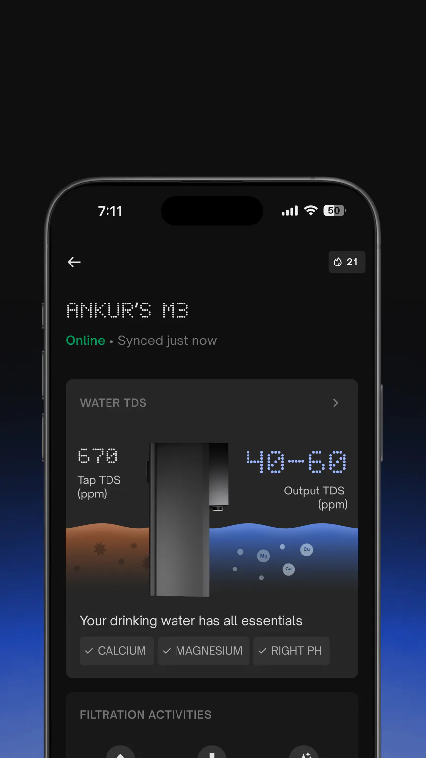 Phone showing the Native M3 Pro in the UC app: tap TDS 670 ppm, output TDS 40–60 ppm and filtration activity.