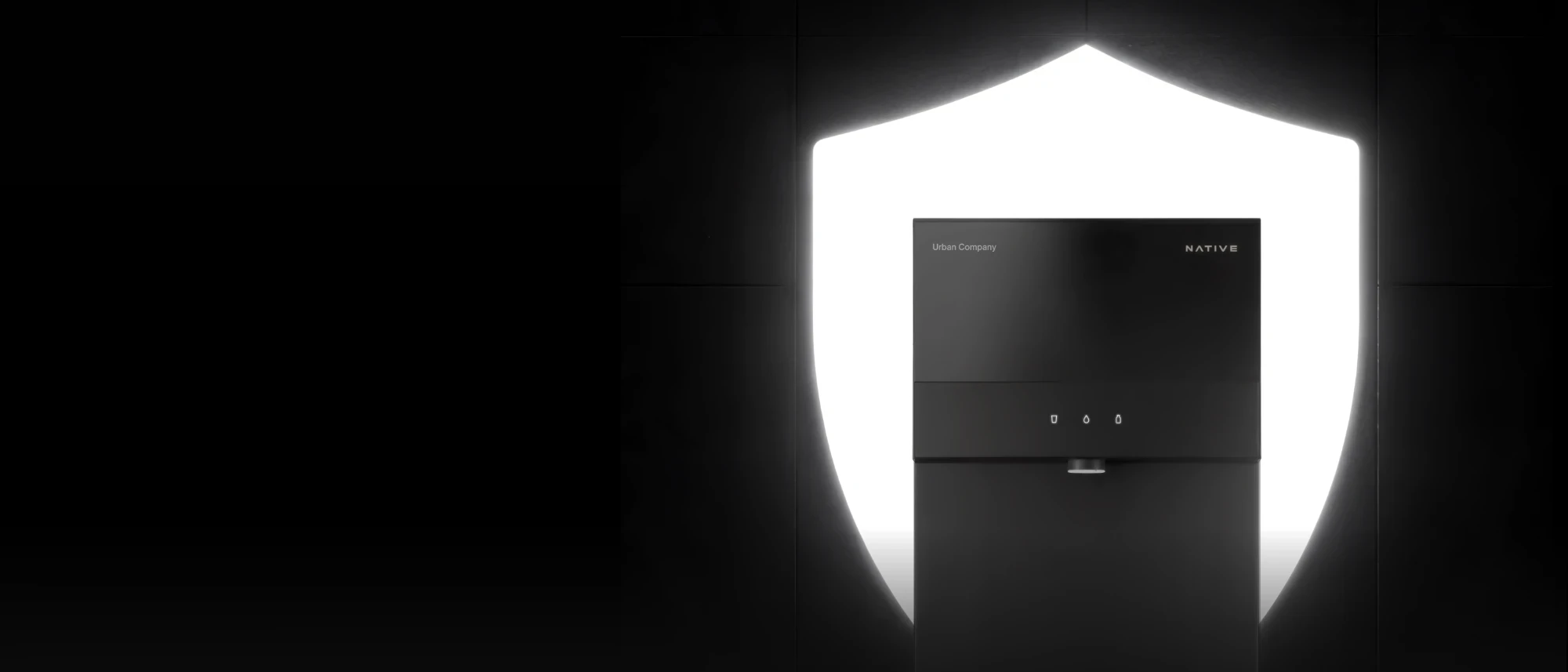 The Native M3 Pro in front of a glowing white shield on a dark tiled wall.