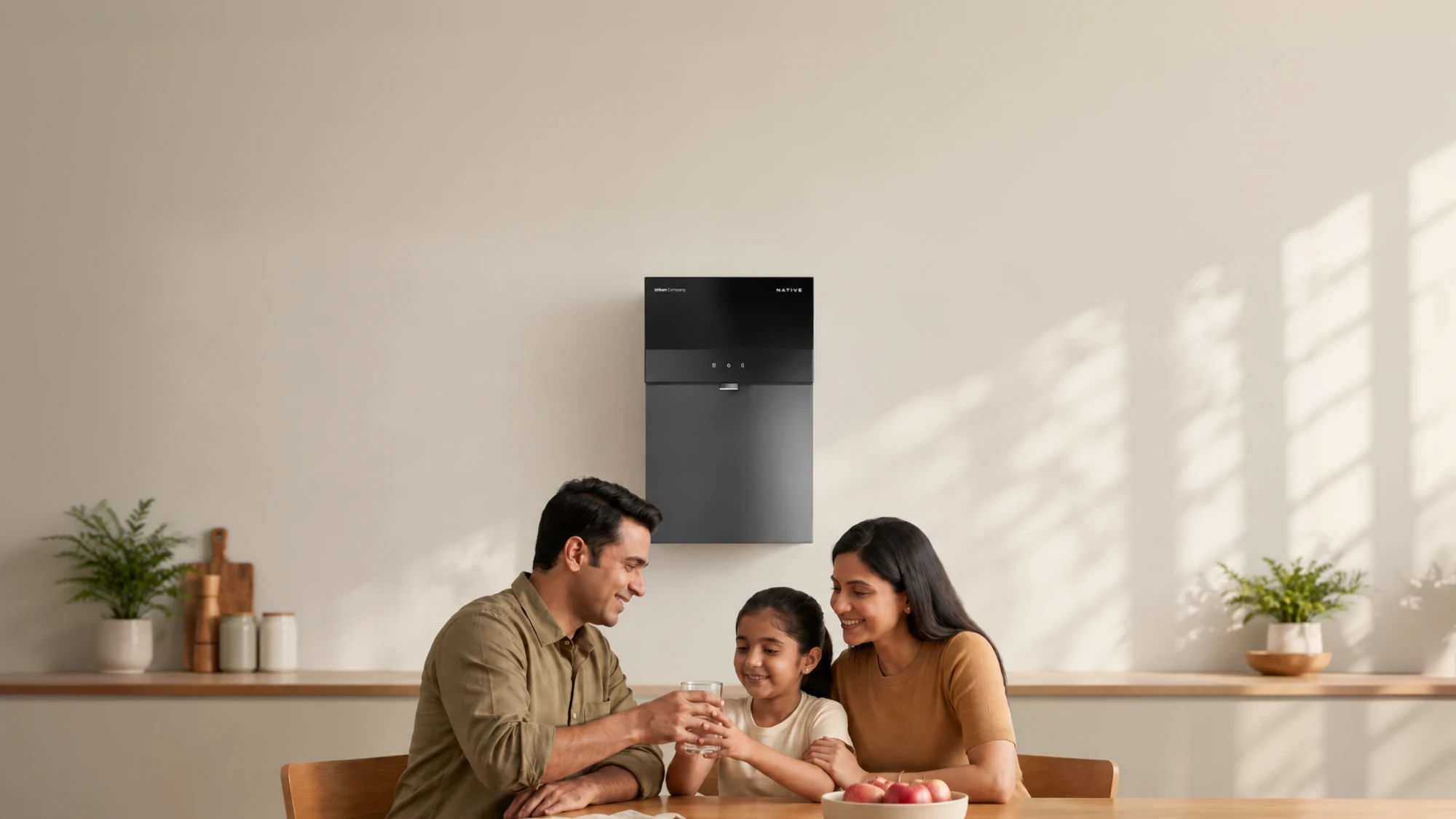 A family sharing a glass of water at the kitchen table below a wall-mounted Native M3 RO water purifier.