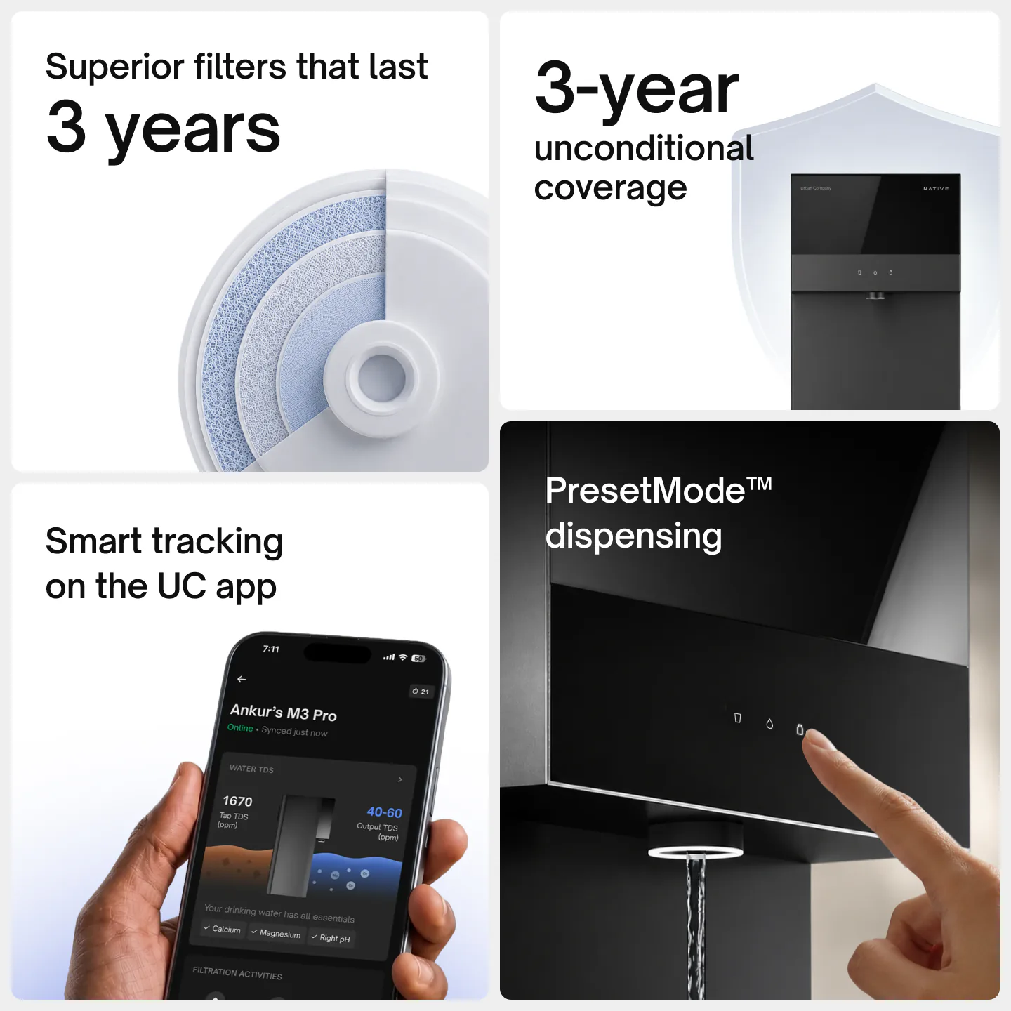 Native M3 highlights: superior filters that last 3 years, 3-year unconditional coverage, smart tracking on the UC app and PresetMode dispensing.
