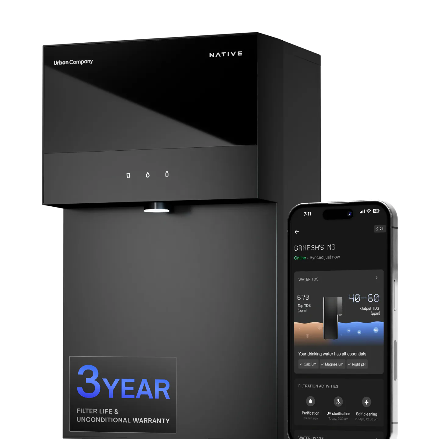 Native M3 RO water purifier with the Urban Company app open on a phone, and its 3-year filter life and unconditional warranty badge.