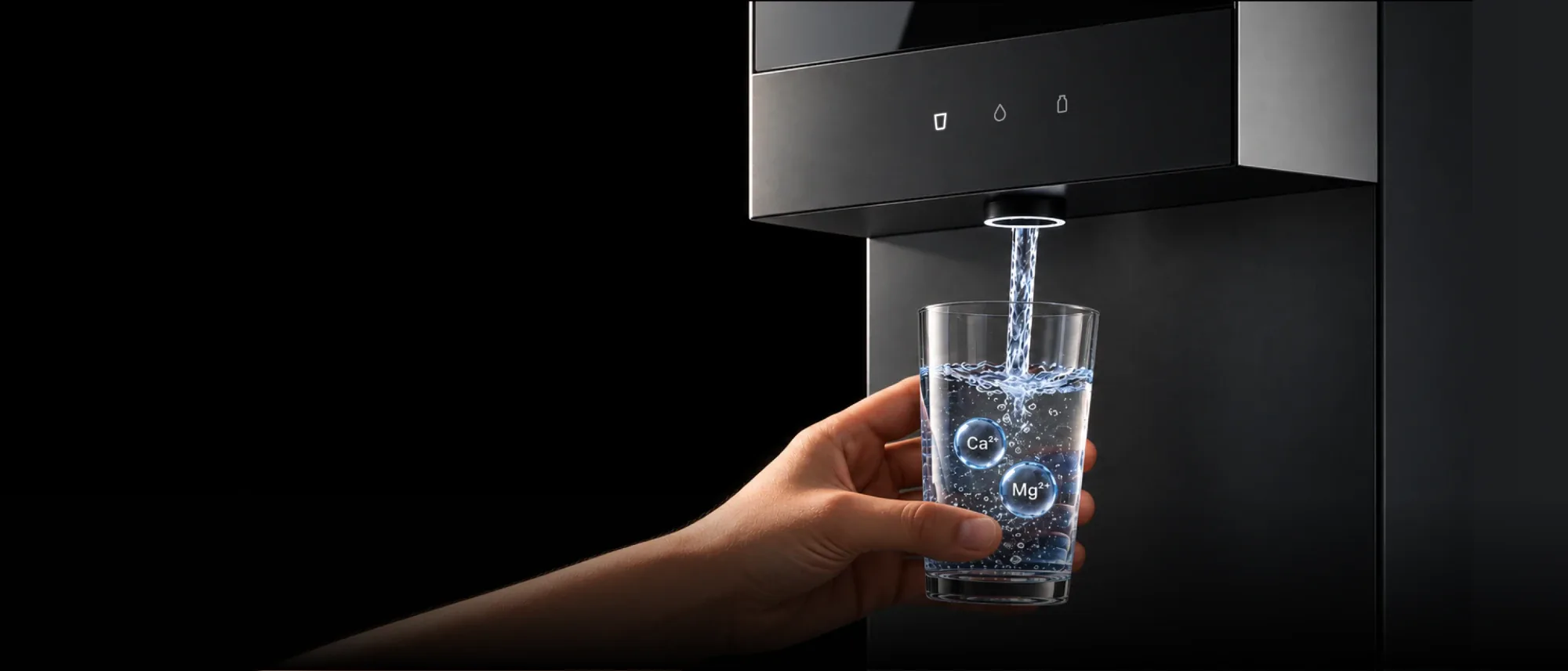 A hand fills a glass from the Native M3 tap; calcium (Ca²⁺) and magnesium (Mg²⁺) float in the water.