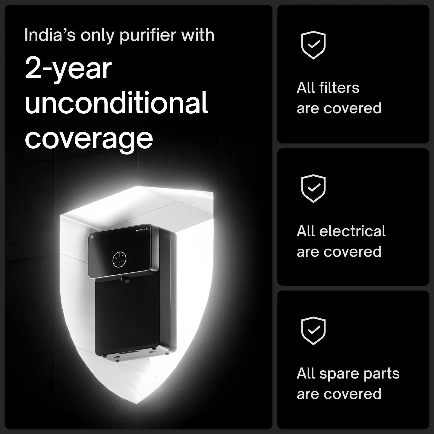 Native M2 Pro inside a shield: India’s only purifier with 2-year unconditional coverage — all filters, all electrical parts and all spare parts covered.