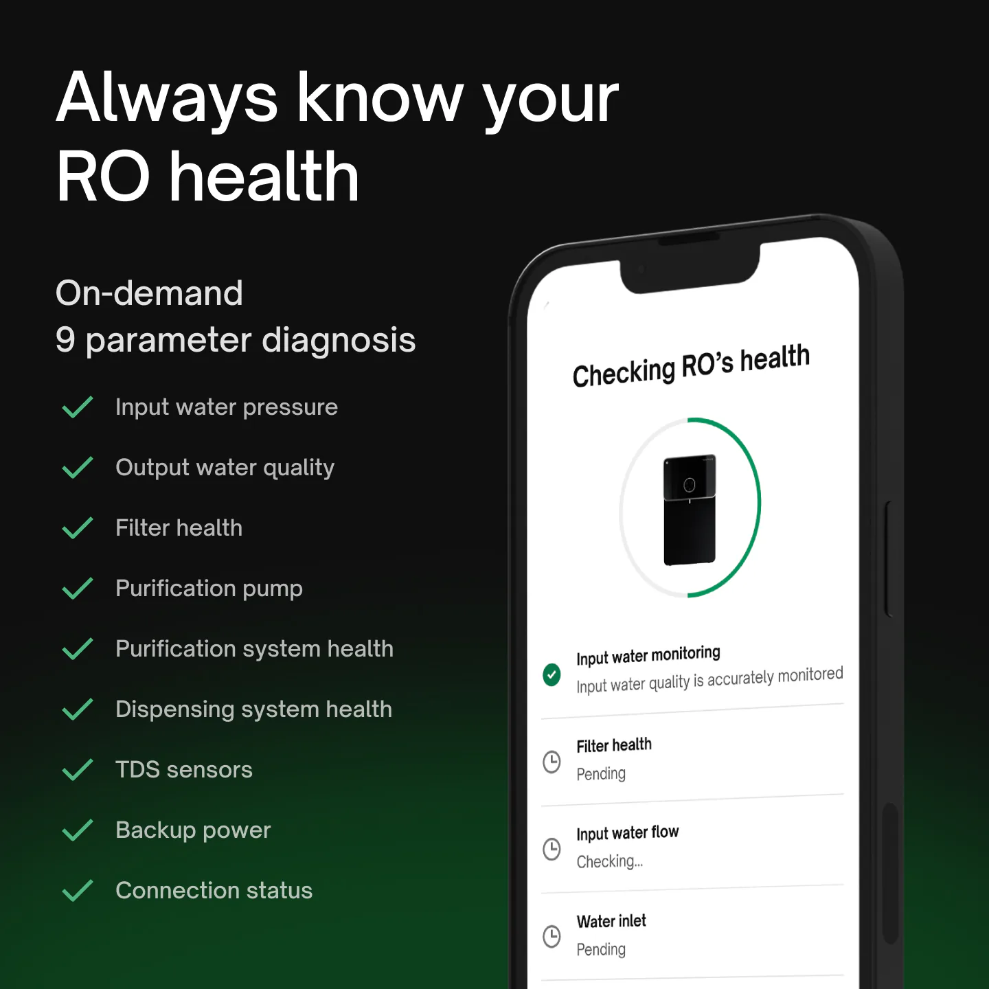 On-demand 9-parameter diagnosis of Native M2 Pro in the UC app, checking input water pressure, output water quality, filter health, pumps, TDS sensors, backup power and connection status.