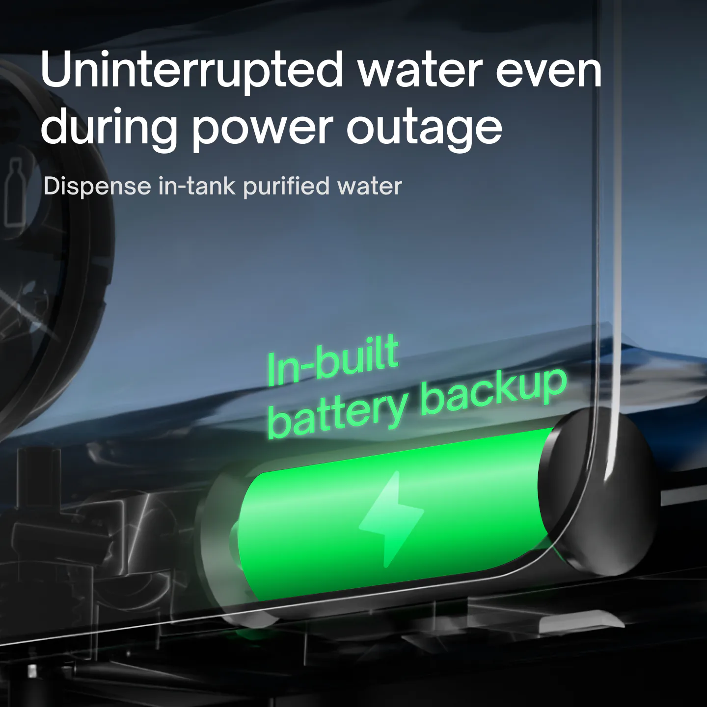 Cutaway of the Native M2 Pro showing its in-built battery backup, which dispenses purified water from the tank during power cuts.