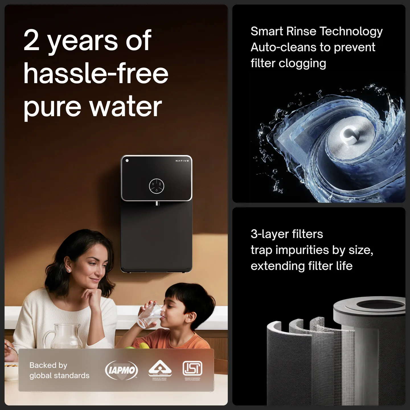A mother hands her son a glass of water below a wall-mounted Native M2 Pro, with Smart Rinse Technology and 3-layer filters that extend filter life.