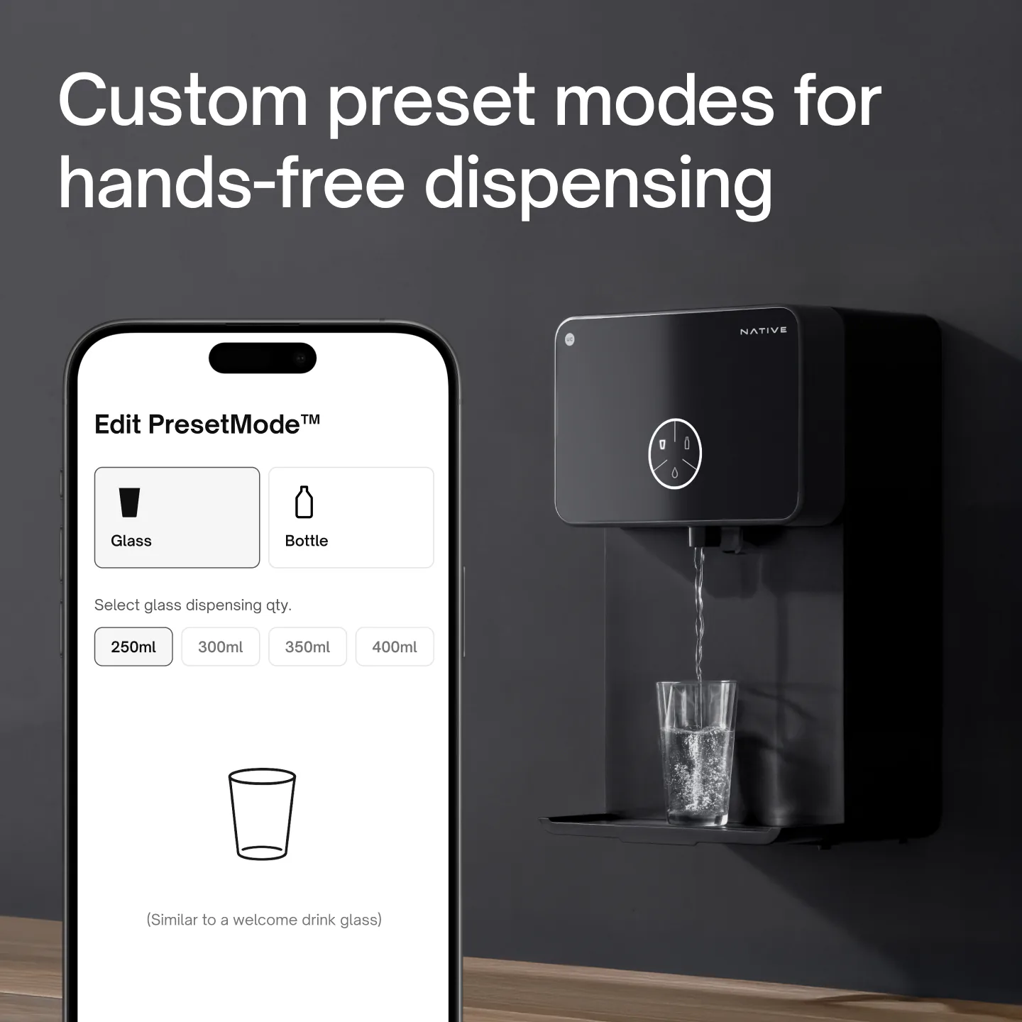 The UC app’s Edit PresetMode screen with glass and bottle presets, next to a Native M2 Pro filling a glass.