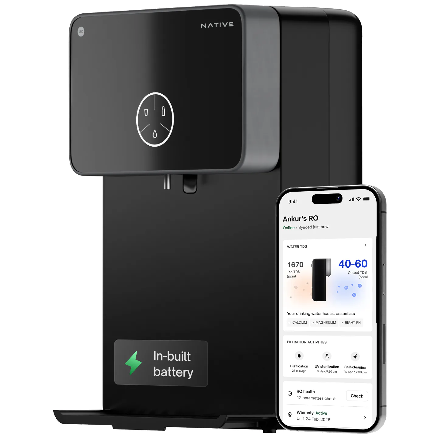 Native M2 Pro RO water purifier in black beside a phone showing tap TDS 1670 and output TDS 40–60 ppm in the UC app. Badge: in-built battery.