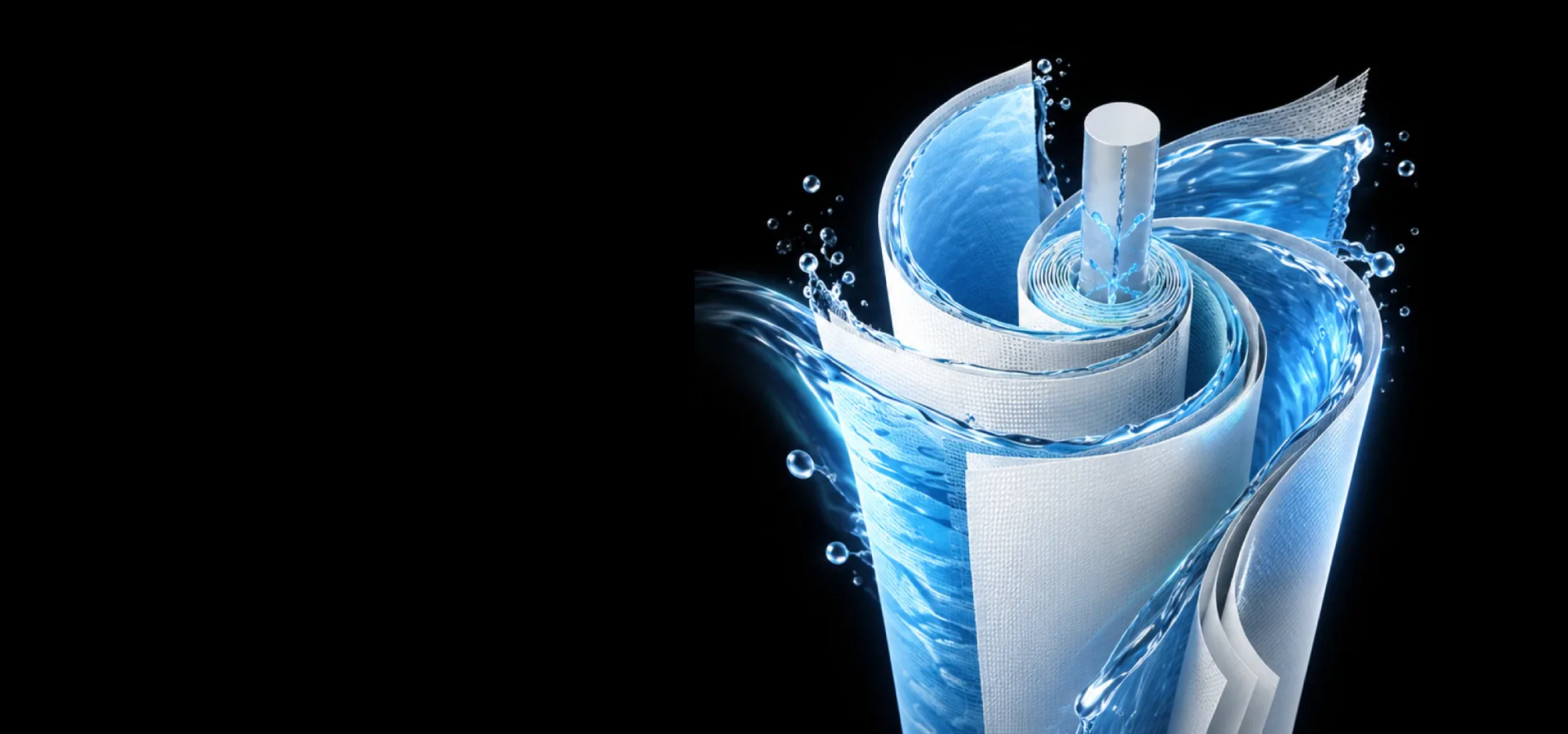 A spiral-wound RO membrane filter unrolling, with water flowing through its layers, on a black background.
