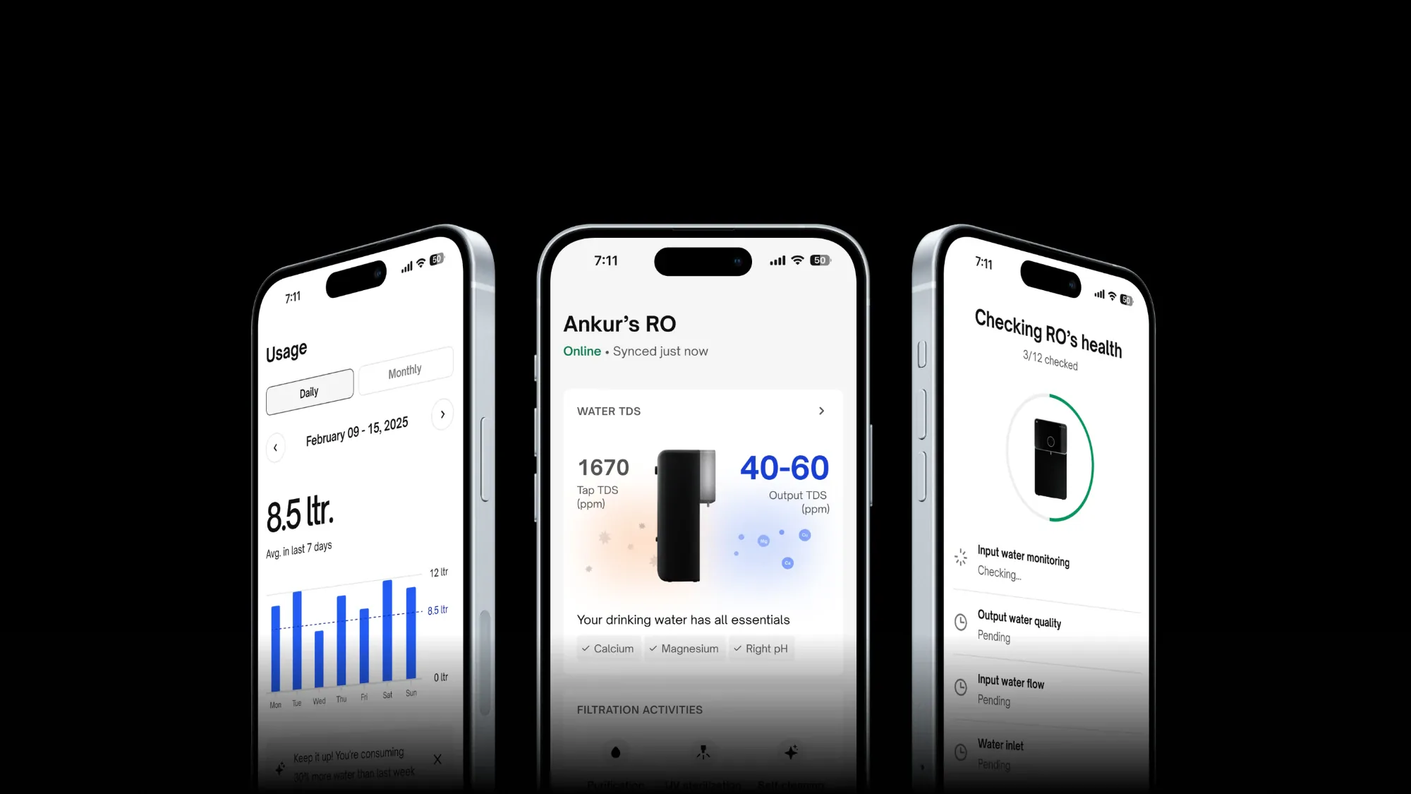 Three phones with the UC app for Native M2 Pro: weekly water usage averaging 8.5 litres, tap TDS 1670 vs output TDS 40–60 ppm, and an RO health check in progress.
