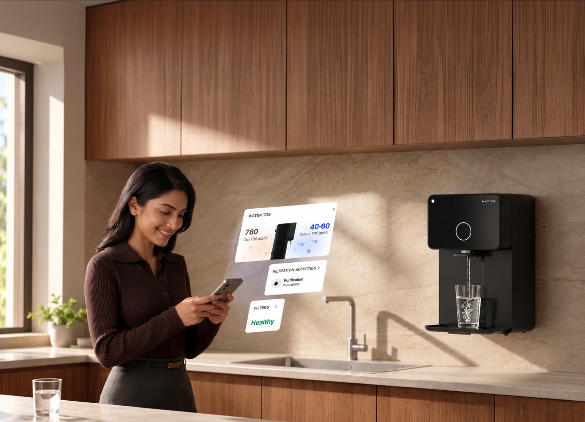 A woman smiles at her phone as UC app cards float beside her — water TDS 780 in, 40–60 out, purification in progress, filters healthy — next to a wall-mounted Native M1 Pro filling a glass.