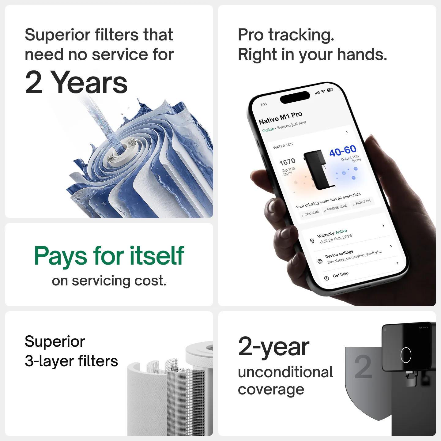 Native M1 Pro highlights: superior filters that need no service for 2 years, pro tracking on the UC app, pays for itself on servicing cost, superior 3-layer filters and 2-year unconditional coverage.