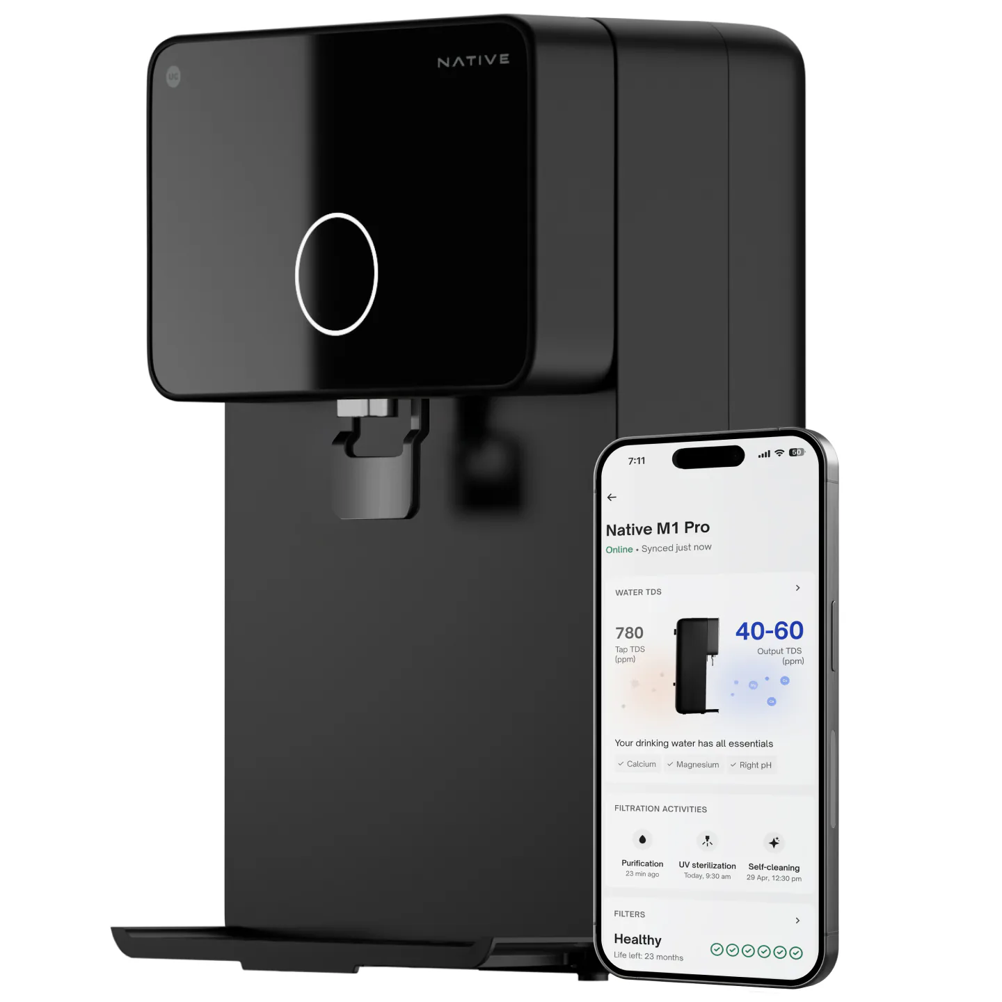 Native M1 Pro RO water purifier in black beside a phone showing tap TDS 780 and output TDS 40–60 ppm in the UC app.