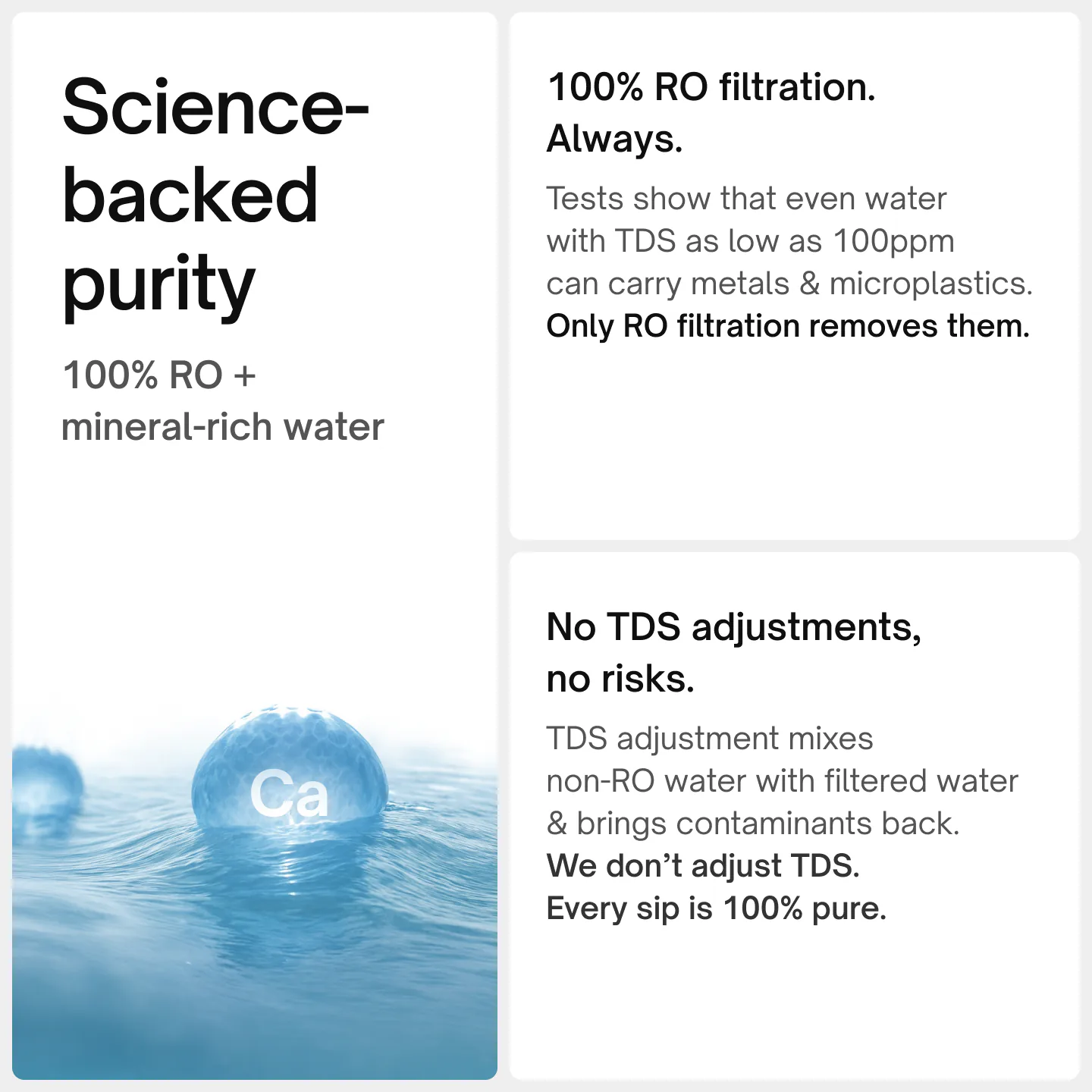 Science-backed purity: 100% RO filtration always, and no TDS adjustment that mixes unfiltered water back in, so every sip is fully purified.