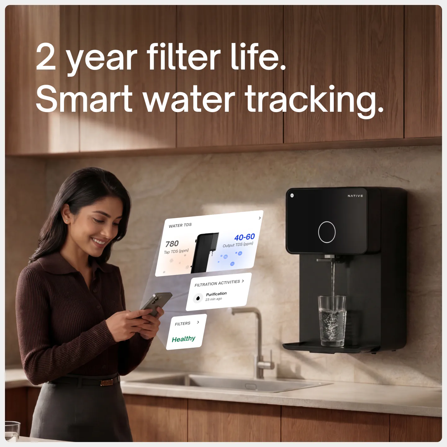 A woman checks water TDS on her phone as UC app cards float beside her, next to a wall-mounted Native M1 Pro filling a glass. Text: 2-year filter life, smart water tracking.