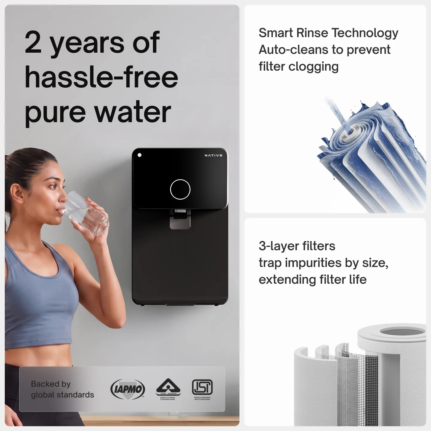 A woman drinks a glass of water beside a Native M1 Pro, with Smart Rinse Technology and 3-layer filters that extend filter life.